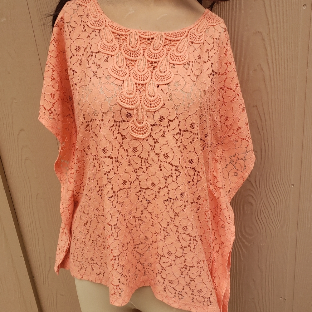 Pale orange lace blouse, ruffle sleeve, size Large